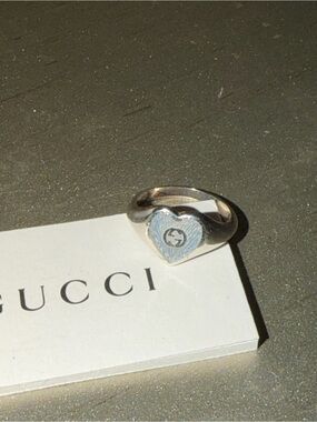 Gucci Silver Heart Ring with blue Enamel Accent